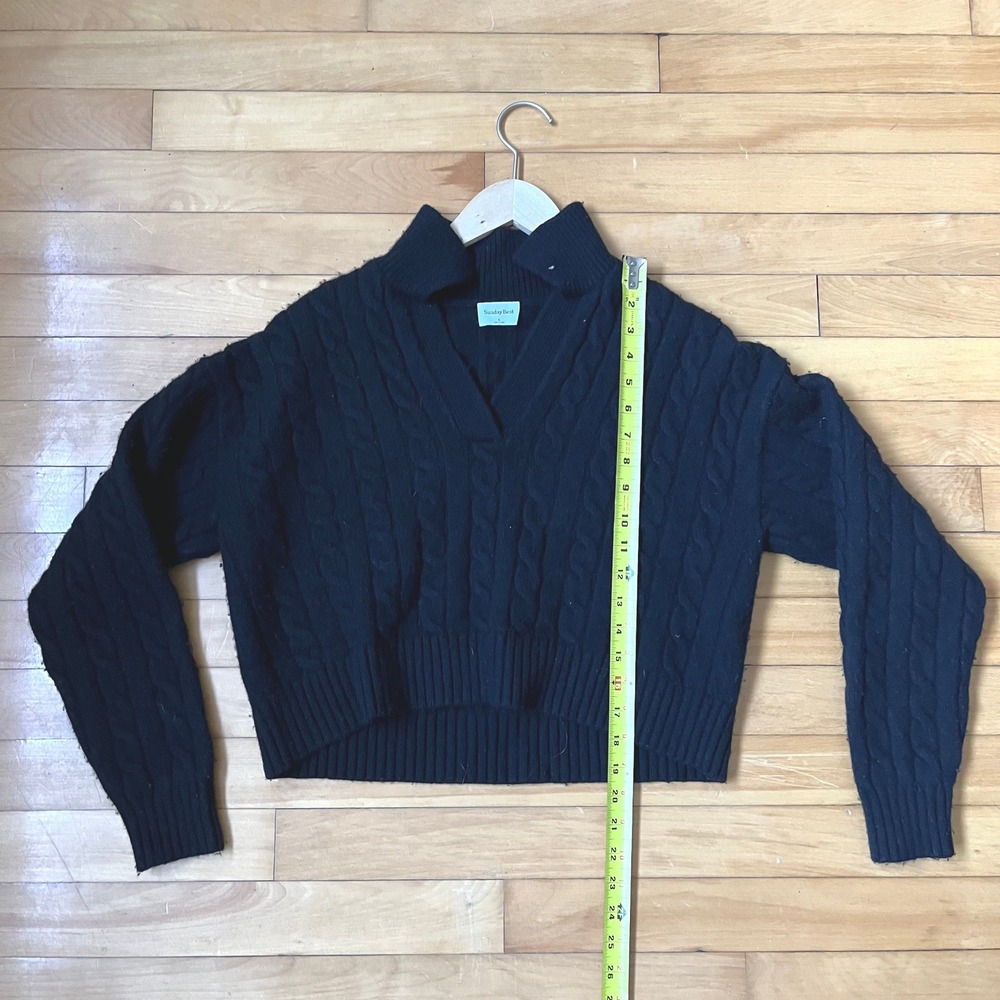 Sunday Best Aritzia Black Merino Wool Cable Knit Polo Sweater Cropped Small